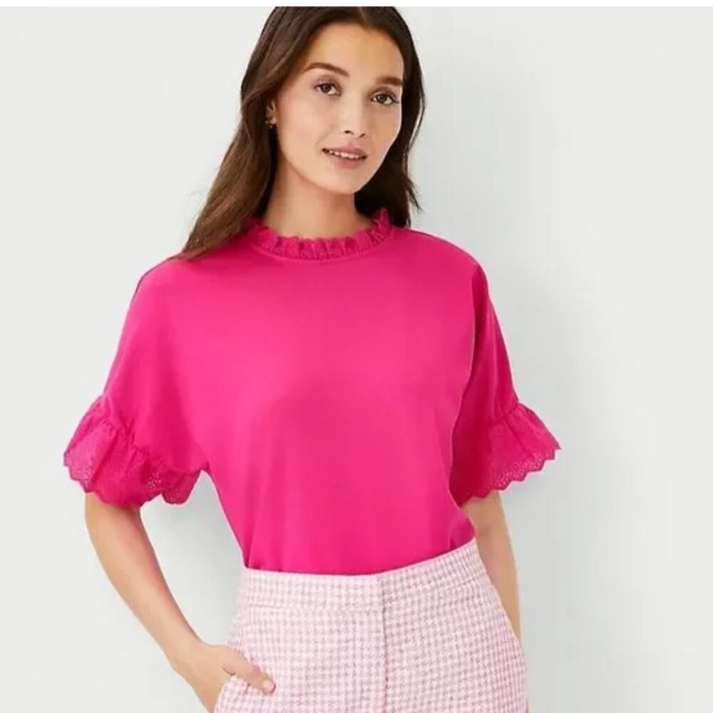 ANN TAYLOR Mixed Media Eyelet Ruffle Trim Top Shirt Blouse